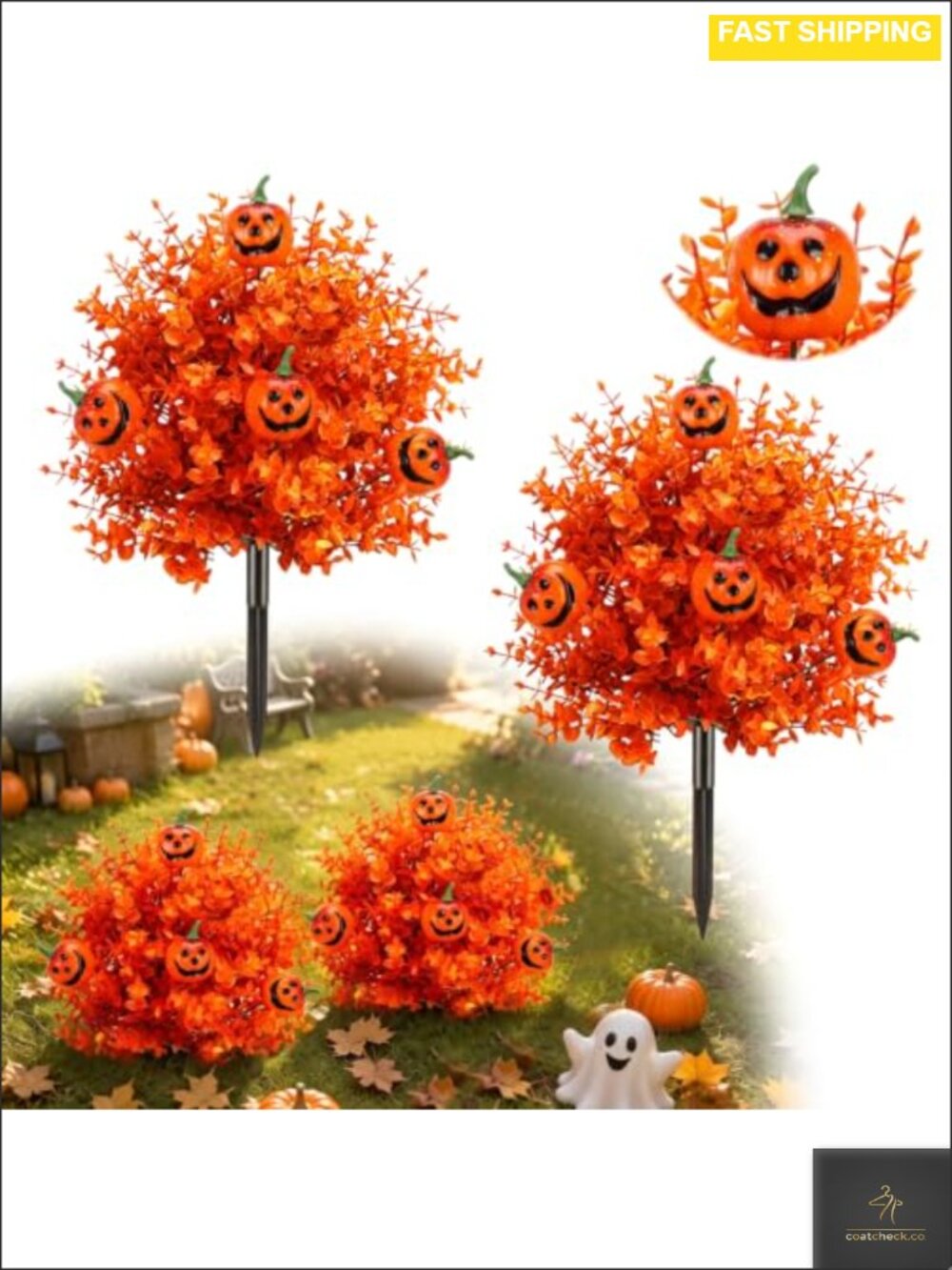 2 Pack 22 Inch Artificial Pumpkin Topiary Trees with Stake Fall Decor